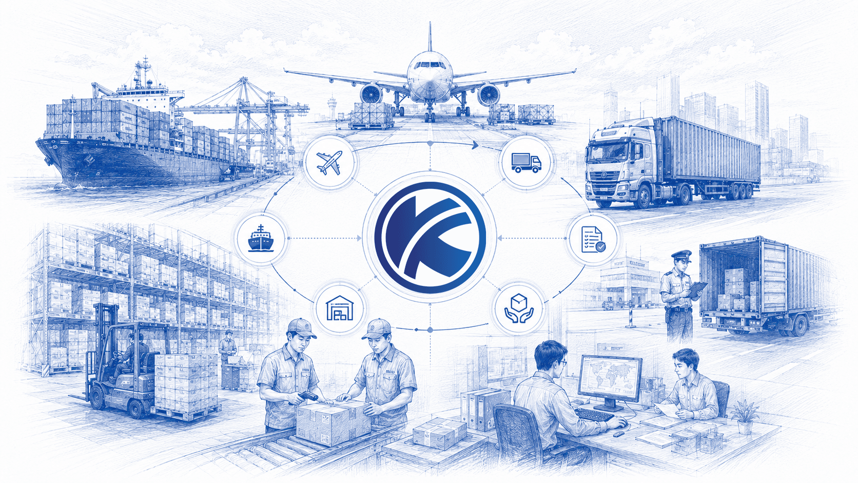 Kin-Yama Logistics Blueprint Artwork - Aircraft, Cargo Ship and Truck